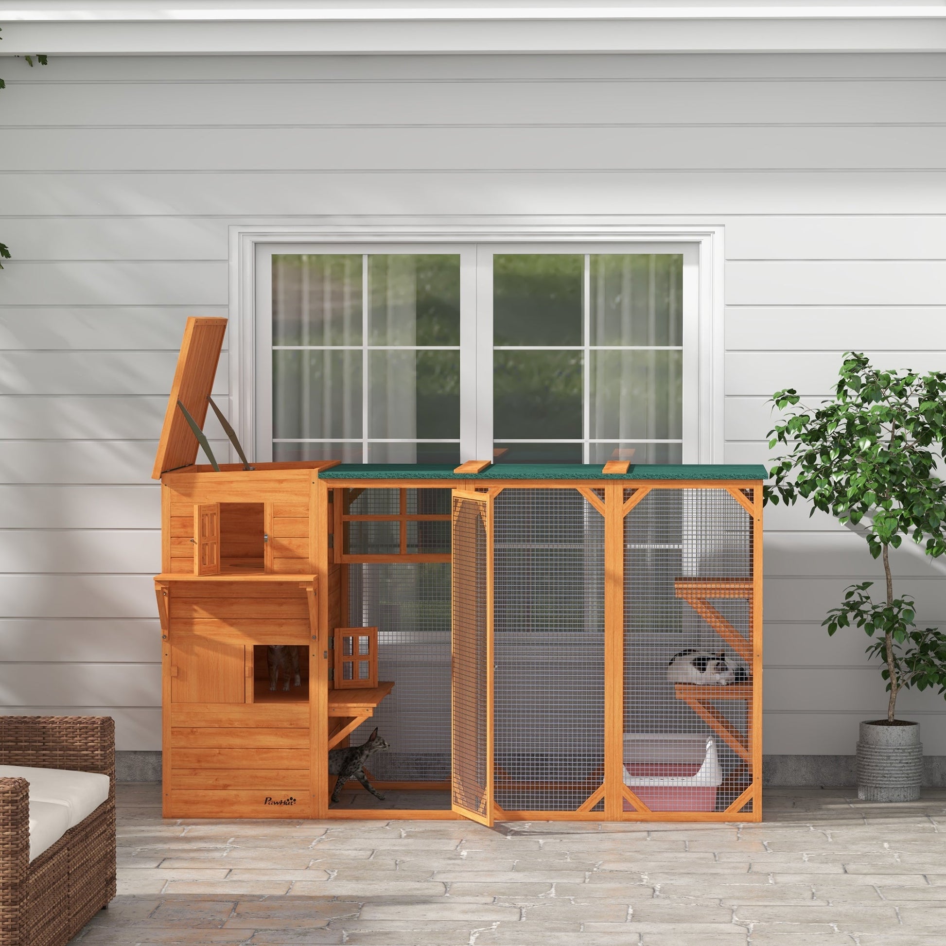 KFX-9180093 Large Outdoor Cat House for Up to 3 Cats with Multiple Platforms and Roof Coverage