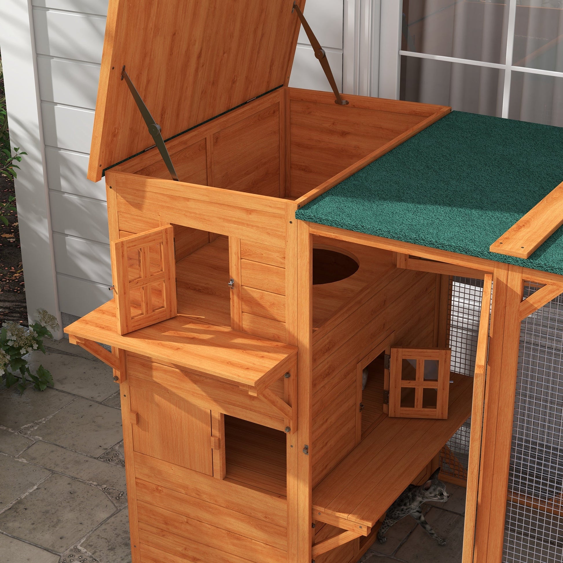 KFX-9180093 Large Outdoor Cat House for Up to 3 Cats with Multiple Platforms and Roof Coverage