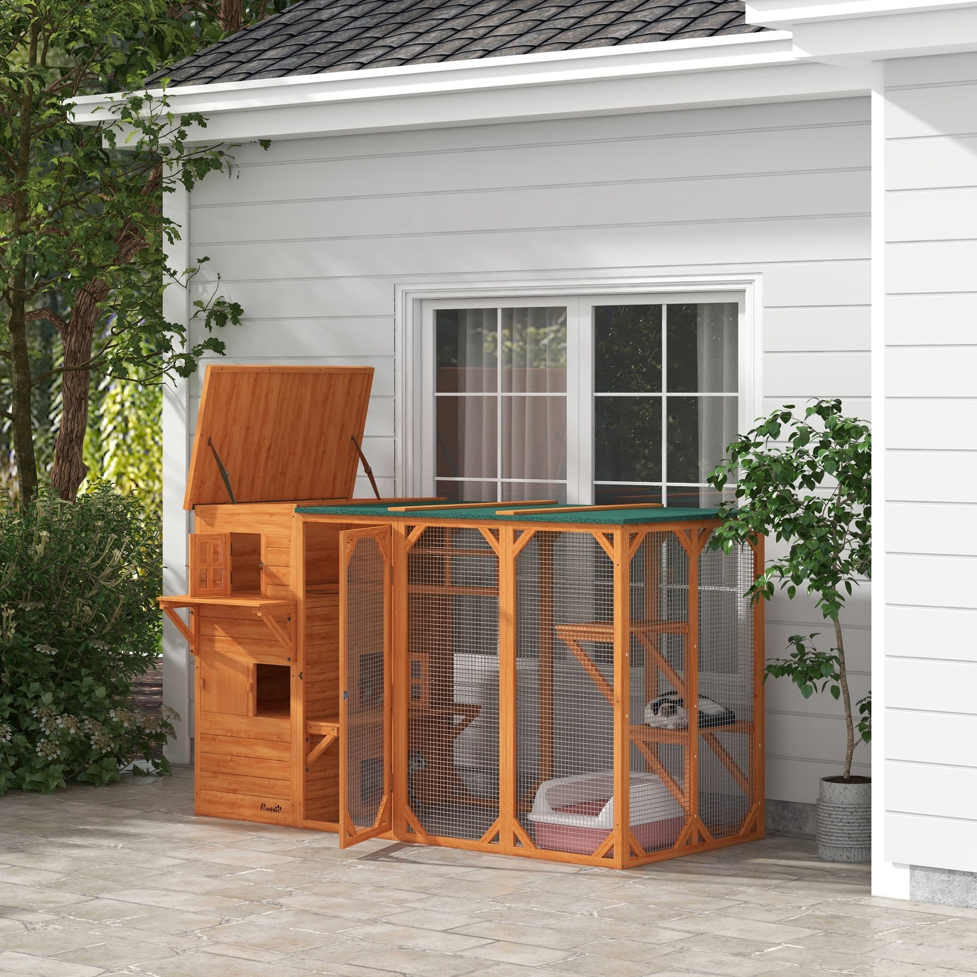 KFX-9180093 Large Outdoor Cat House for Up to 3 Cats with Multiple Platforms and Roof Coverage