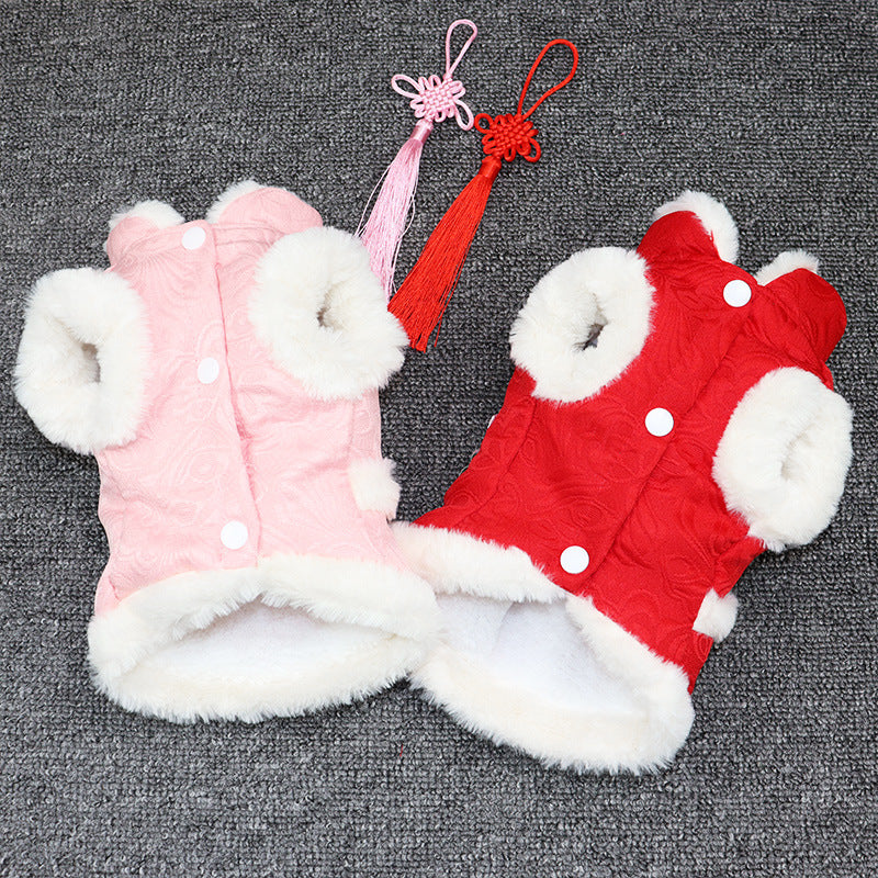 KFX-9186365 Teddy Corgi Hanfu Cat Costume with Jacquard Fabric and Rabbit Fur Trim