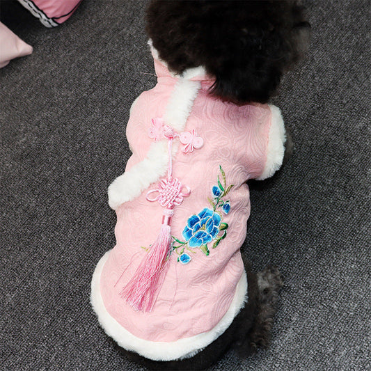 KFX-9186365 Teddy Corgi Hanfu Cat Costume with Jacquard Fabric and Rabbit Fur Trim