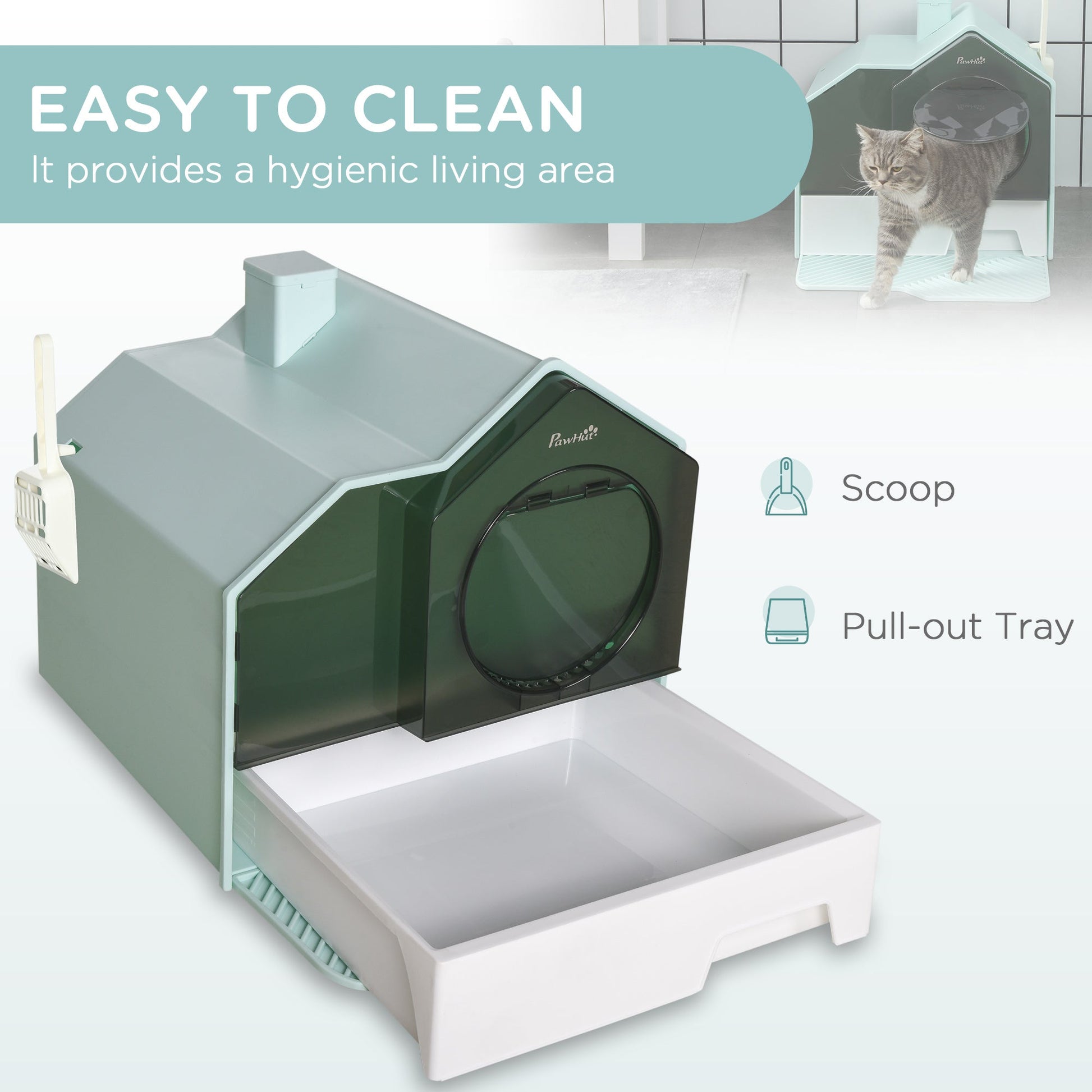 KFX-9187261 Light Blue Hooded Cat Litter Box with Drawer and Litter Mat, Odor Control Design