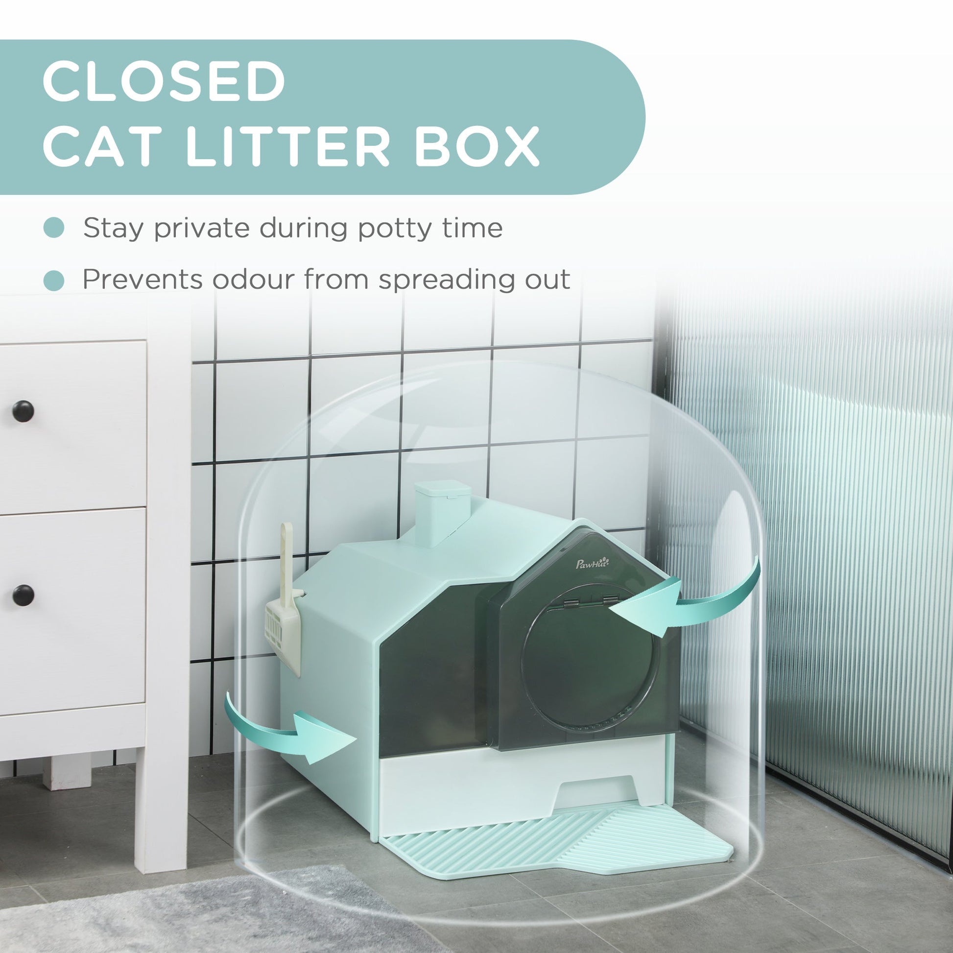 KFX-9187261 Light Blue Hooded Cat Litter Box with Drawer and Litter Mat, Odor Control Design