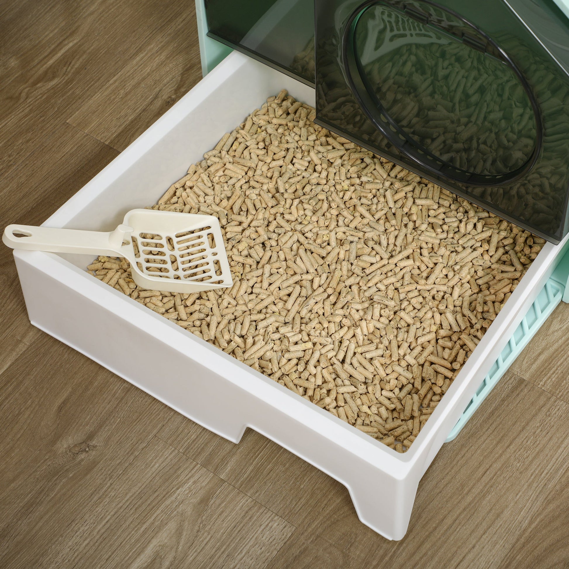 KFX-9187261 Light Blue Hooded Cat Litter Box with Drawer and Litter Mat, Odor Control Design