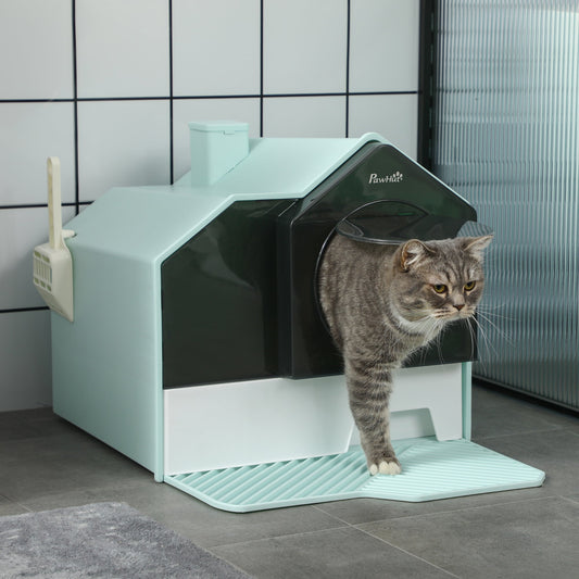 KFX-9187261 Light Blue Hooded Cat Litter Box with Drawer and Litter Mat, Odor Control Design