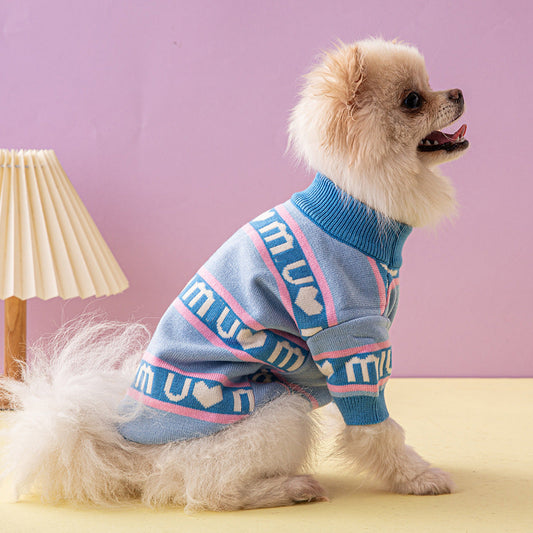 KFX-9189949 Thickened Double Layer Dog Sweater in Blue and Red – Cozy Wool Pet Apparel