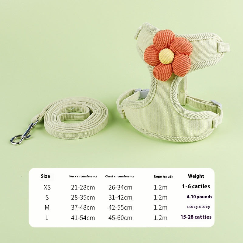 KFX-9190845 Pet Flower Rope Vest - Adjustable Chest and Back Harness in Green, Sizes XS to L