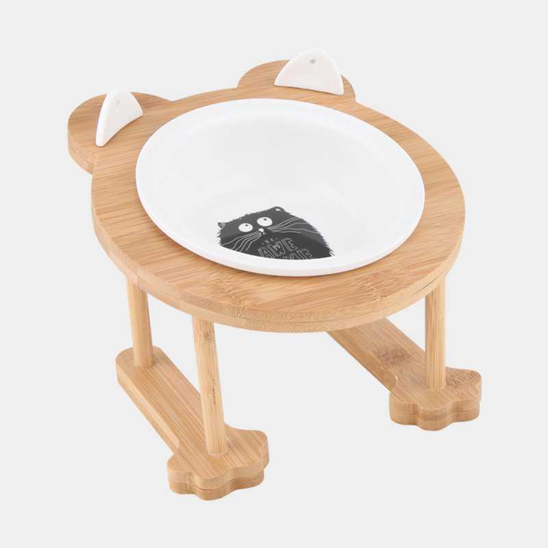 KFX-9191741 Inclined Ceramic Cat and Dog Food Bowl with Bamboo Support