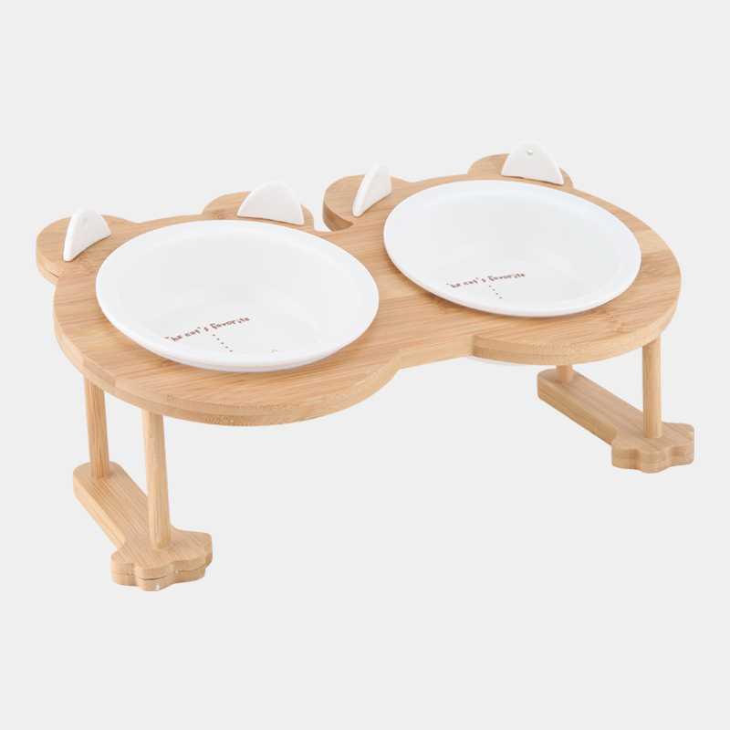KFX-9191741 Inclined Ceramic Cat and Dog Food Bowl with Bamboo Support
