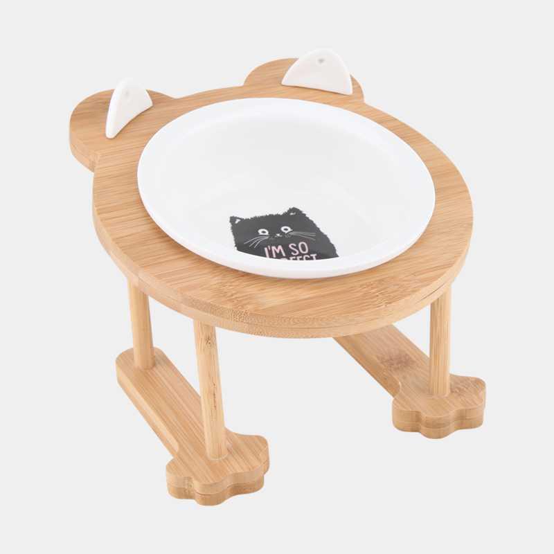 KFX-9191741 Inclined Ceramic Cat and Dog Food Bowl with Bamboo Support