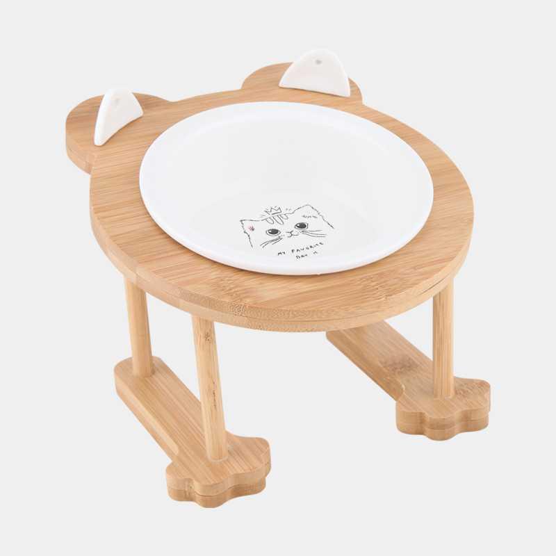 KFX-9191741 Inclined Ceramic Cat and Dog Food Bowl with Bamboo Support