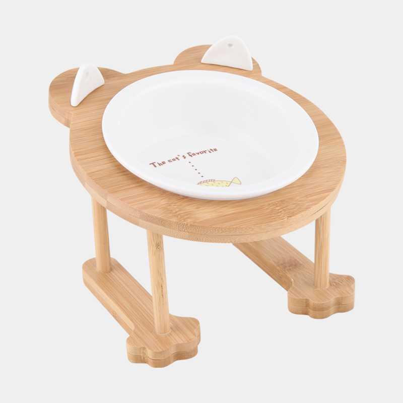 KFX-9191741 Inclined Ceramic Cat and Dog Food Bowl with Bamboo Support