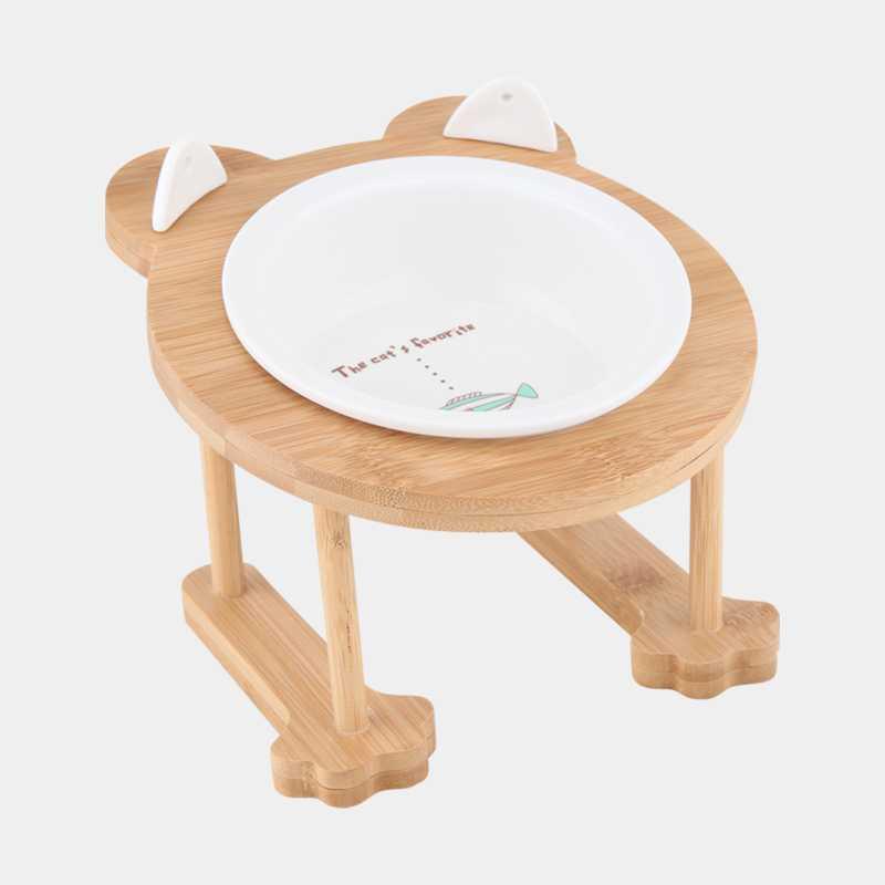KFX-9191741 Inclined Ceramic Cat and Dog Food Bowl with Bamboo Support