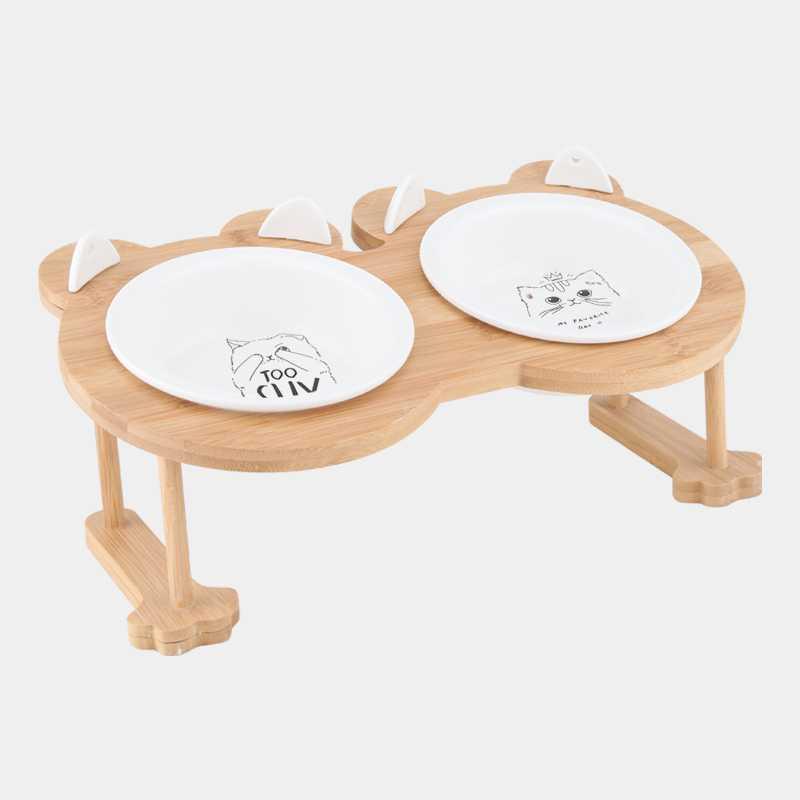 KFX-9191741 Inclined Ceramic Cat and Dog Food Bowl with Bamboo Support
