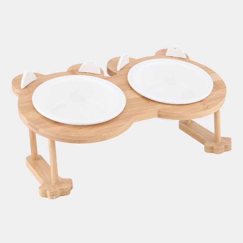 KFX-9191741 Inclined Ceramic Cat and Dog Food Bowl with Bamboo Support