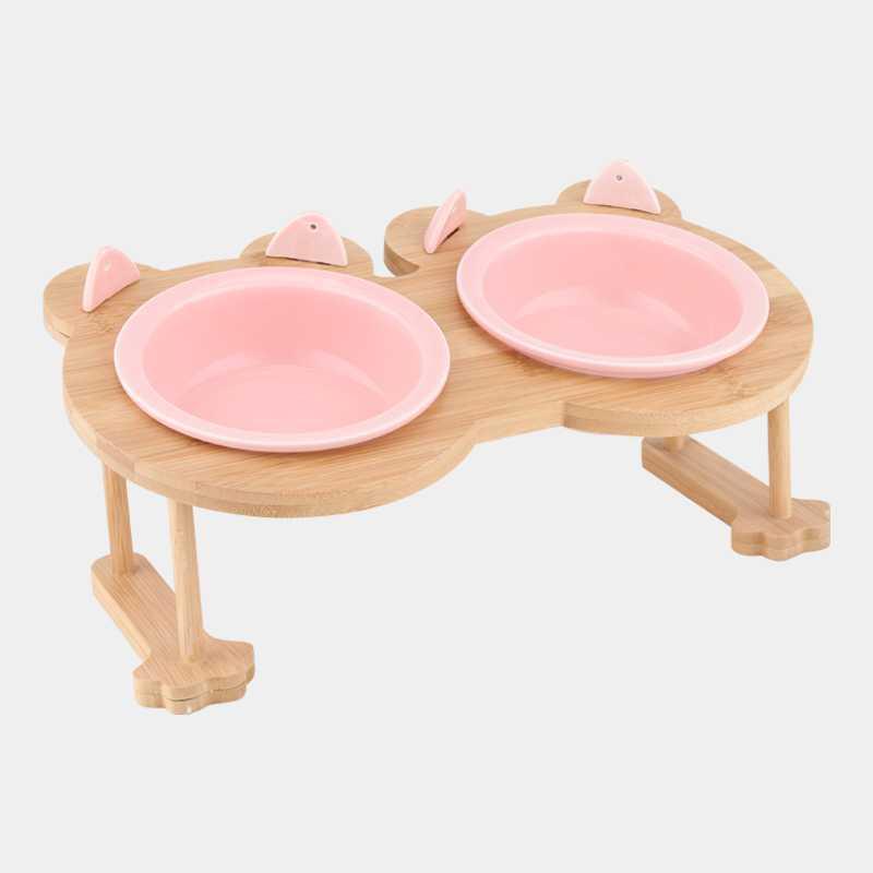 KFX-9191741 Inclined Ceramic Cat and Dog Food Bowl with Bamboo Support