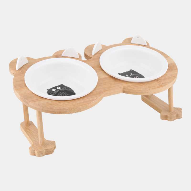 KFX-9191741 Inclined Ceramic Cat and Dog Food Bowl with Bamboo Support