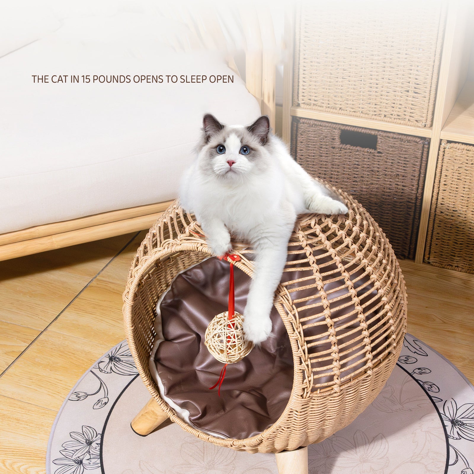 KFX-9197373 Breathable Rattan Woven Round Pet Bed with Steel Frame for Cats up to 7.5 kg