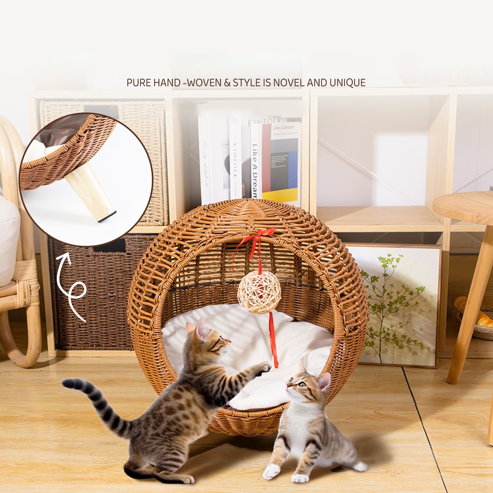 KFX-9197373 Breathable Rattan Woven Round Pet Bed with Steel Frame for Cats up to 7.5 kg