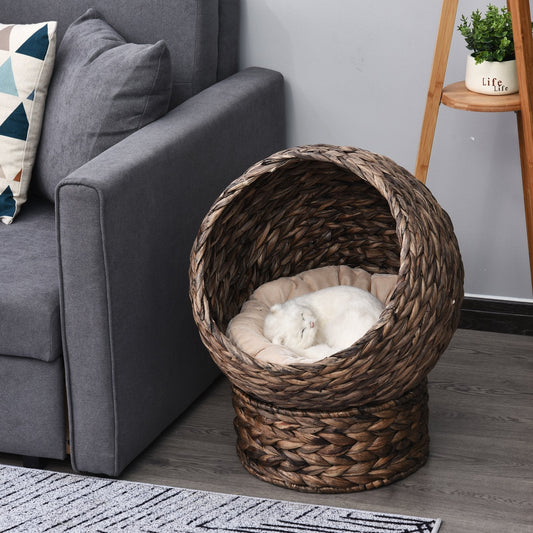 KFX-9200957 Handmade Dark Brown Wicker Elevated Cat Bed with Soft Cushion for Kittens