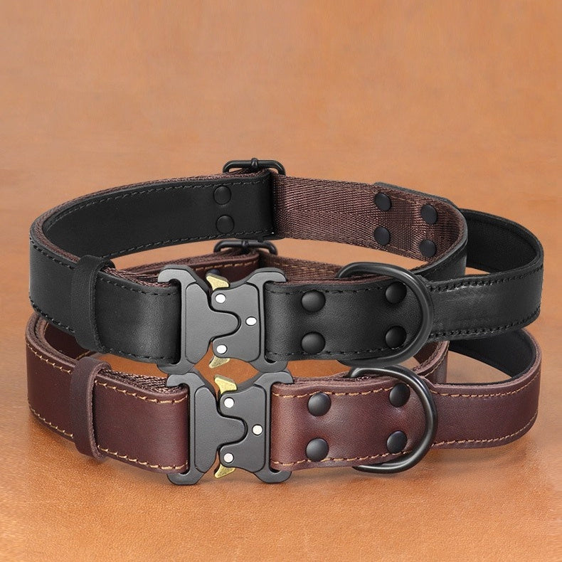 KFX-9205693 Leather Large Dog Bandana with Pulling Rope - Black and Brown Options Available
