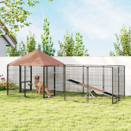 KFX-9206717 Large Adjustable Outdoor Dog Kennel with Waterproof Canopy and Rotating Bowls - 11.3' x 4.7' x 5.1'