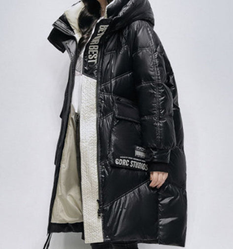 KFX-9213245 Women's Polished Black Ultra-Thin Down Jacket, Mid-Length with Long Sleeves
