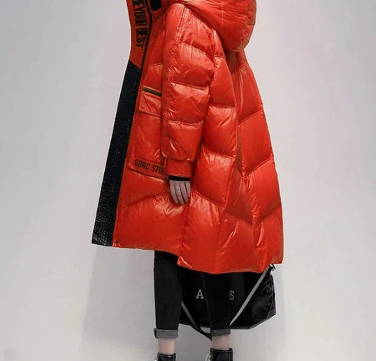 KFX-9213245 Women's Polished Black Ultra-Thin Down Jacket, Mid-Length with Long Sleeves