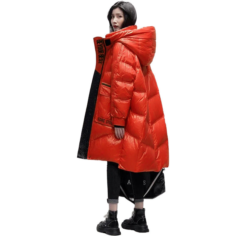 KFX-9213245 Women's Polished Black Ultra-Thin Down Jacket, Mid-Length with Long Sleeves