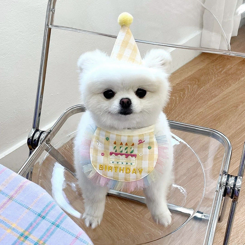 KFX-9216189 Dog Birthday Bib and Adjustable Hat Set in Yellow for Pet Celebrations