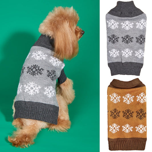KFX-9222333 Cozy Snowflake Dog Sweater in Brown and Gray for Autumn and Winter Celebrations