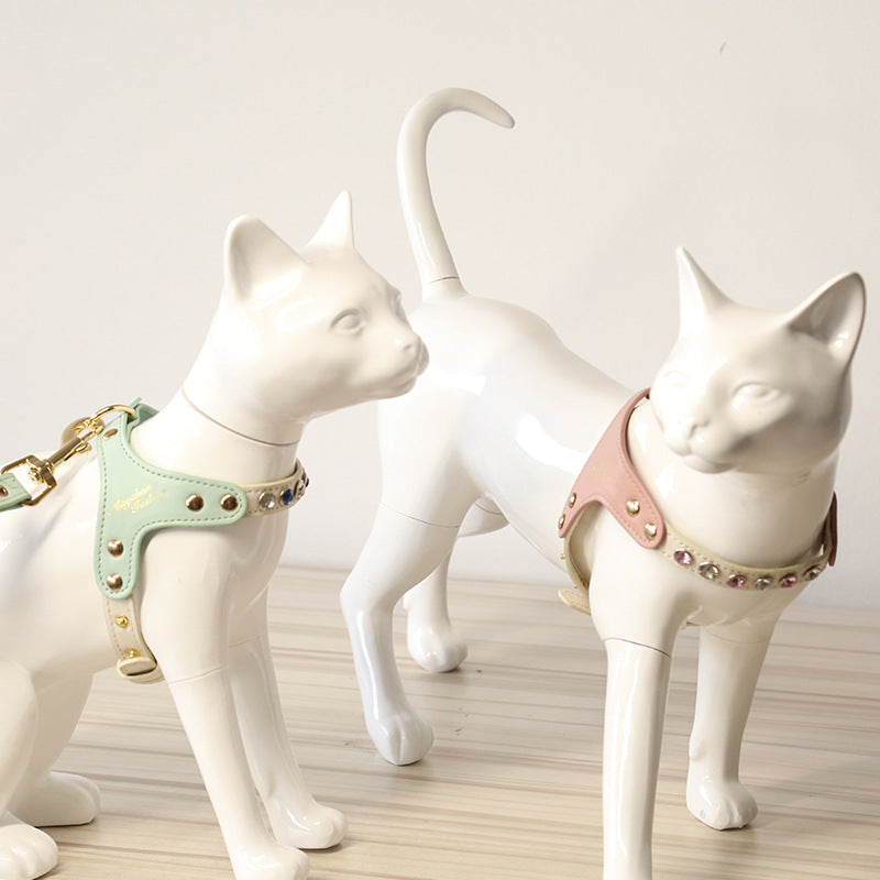 KFX-9223613 Diamond Pattern PU Leather Pet Vest Suit for Dogs and Cats - Pink & Green, XS and S Sizes Available