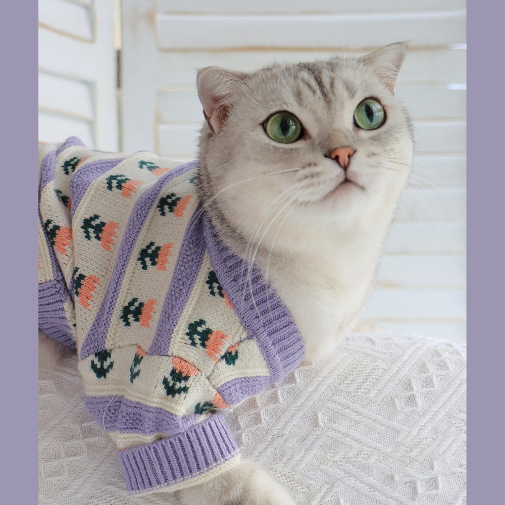 KFX-9228093 Retro Purple Flower Knitted Sweater for Pets - Autumn and Winter Fashion