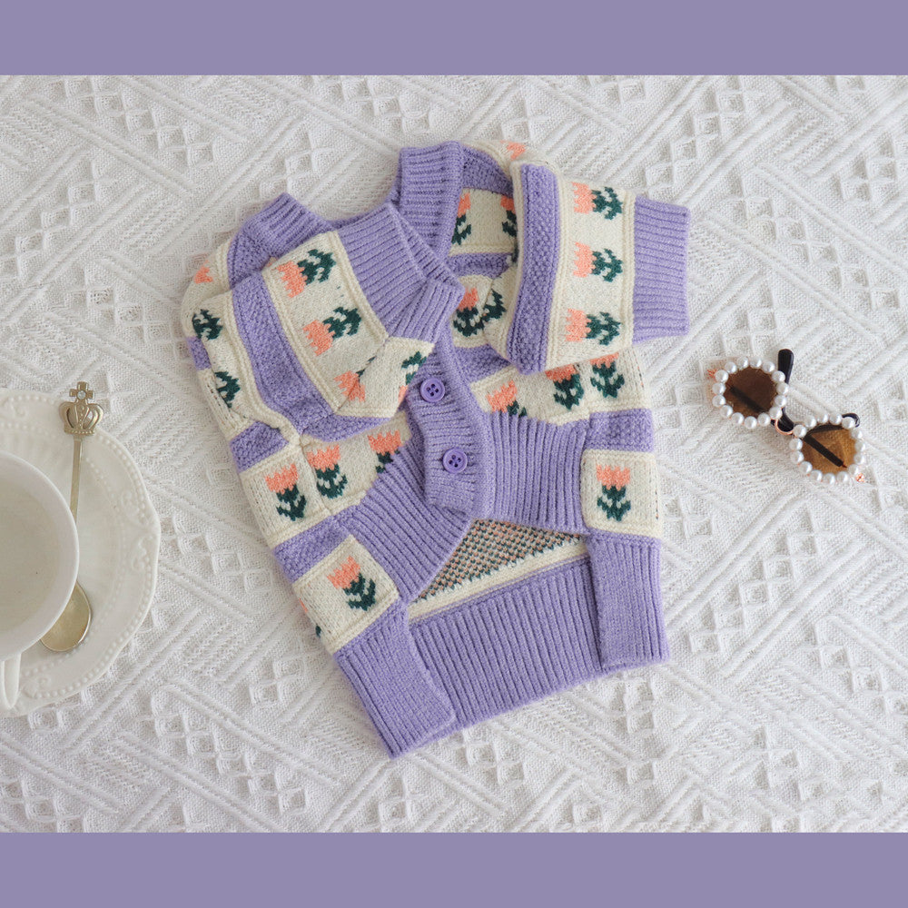 KFX-9228093 Retro Purple Flower Knitted Sweater for Pets - Autumn and Winter Fashion