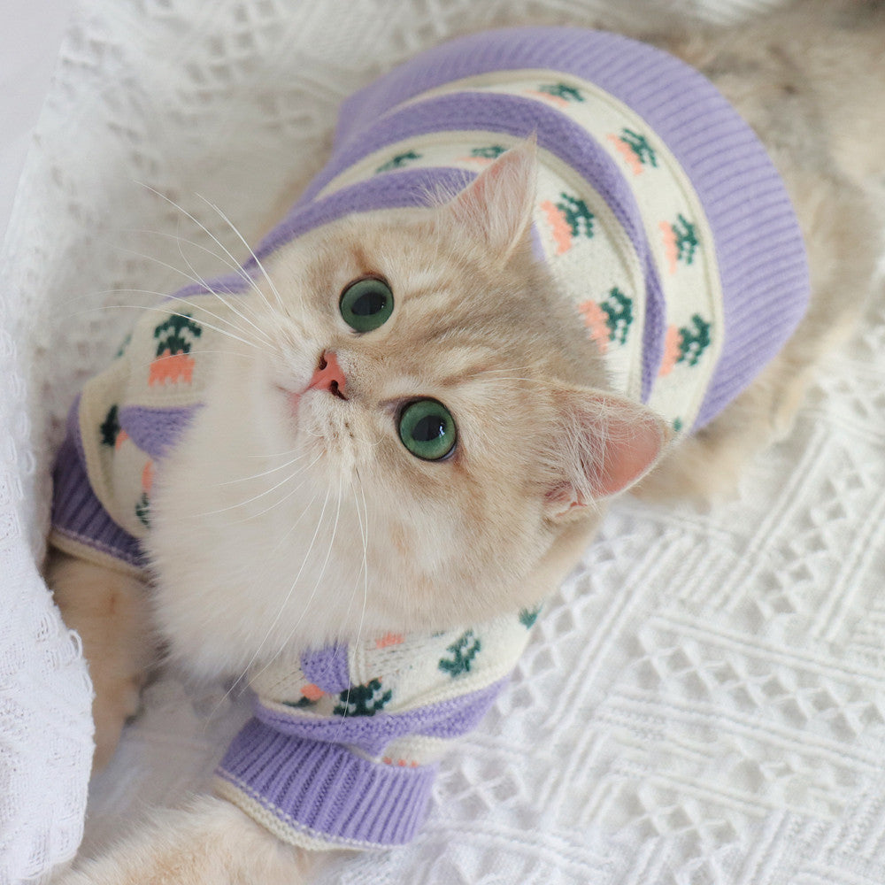 KFX-9228093 Retro Purple Flower Knitted Sweater for Pets - Autumn and Winter Fashion