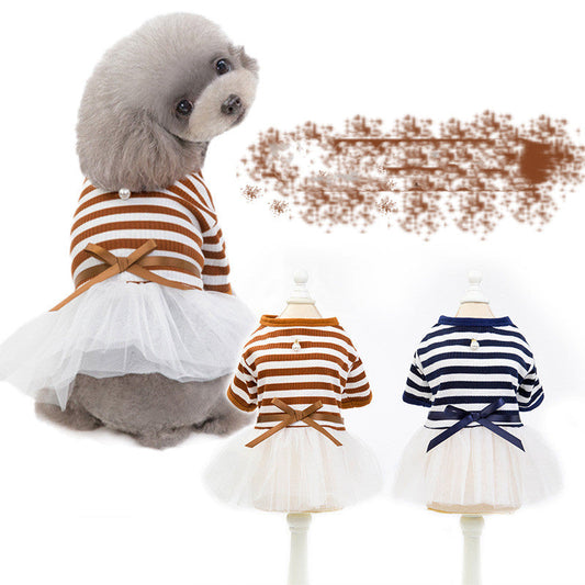 KFX-9228477 Princess Dog Dress for Spring and Summer in Cotton - Brown and Navy Blue, Sizes XS-XL