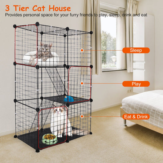 KFX-9233725 3-Tier Metal Cat Playpen with 3 Doors and 2 Ladders – Large Indoor Cat House for 1-2 Cats