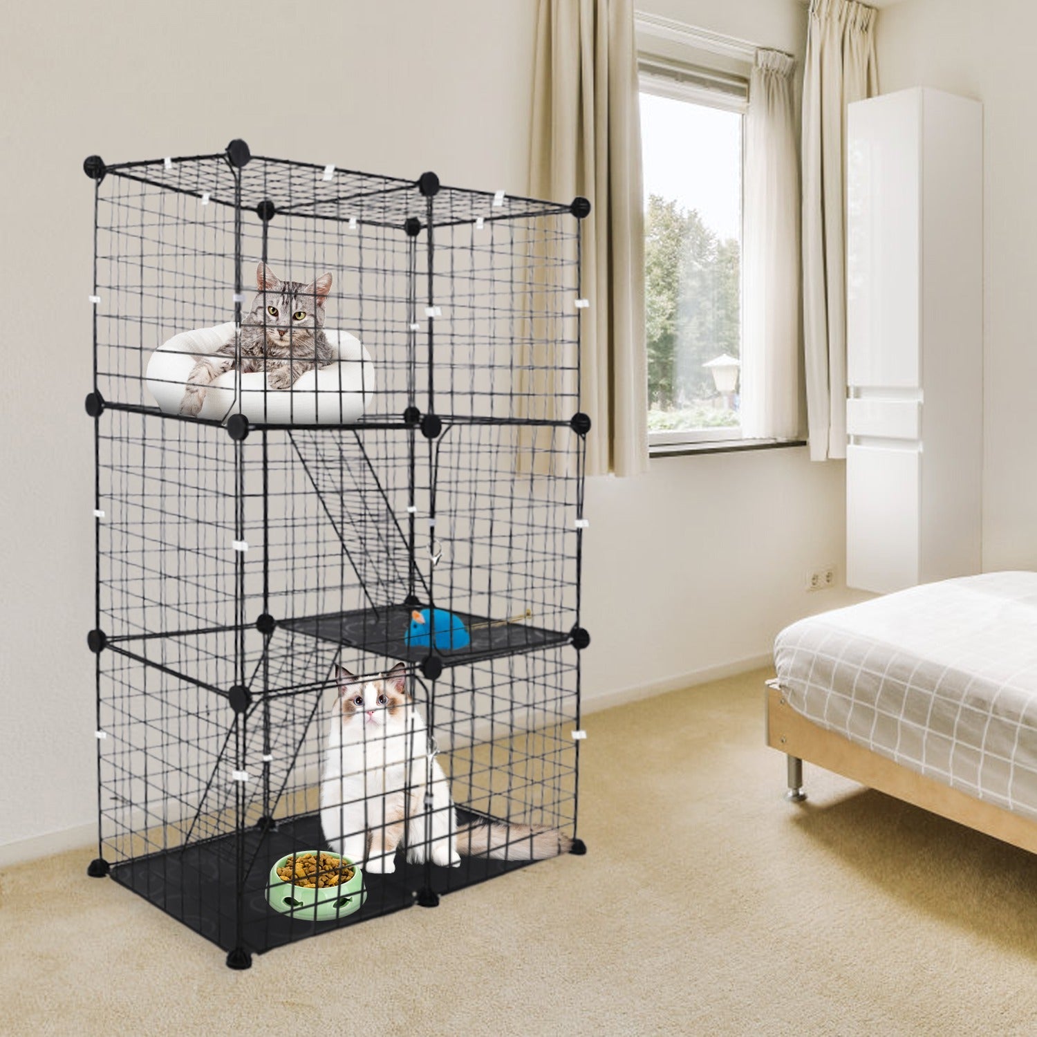 KFX-9233725 3-Tier Metal Cat Playpen with 3 Doors and 2 Ladders – Large Indoor Cat House for 1-2 Cats