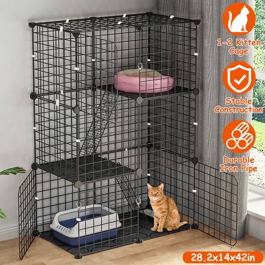KFX-9233725 3-Tier Metal Cat Playpen with 3 Doors and 2 Ladders – Large Indoor Cat House for 1-2 Cats