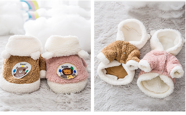 KFX-9234493 Warm Two-Legged Cotton Pet Clothes for Cats - Plus Velvet Cartoon Style in Brown Bear and Pink Lion