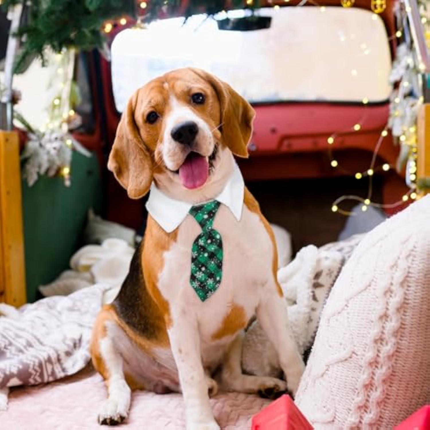 KFX-9238077 Adjustable Christmas Dog Necktie with Snowflake Pattern and Red Plaid for Small to Medium Pets