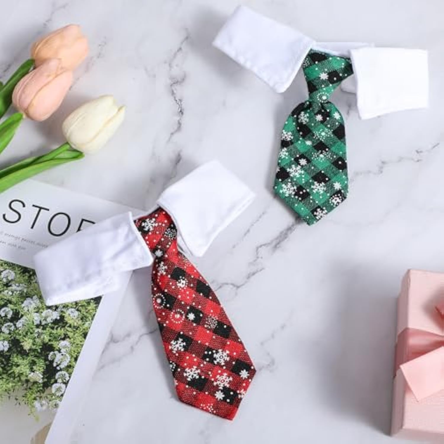 KFX-9238077 Adjustable Christmas Dog Necktie with Snowflake Pattern and Red Plaid for Small to Medium Pets