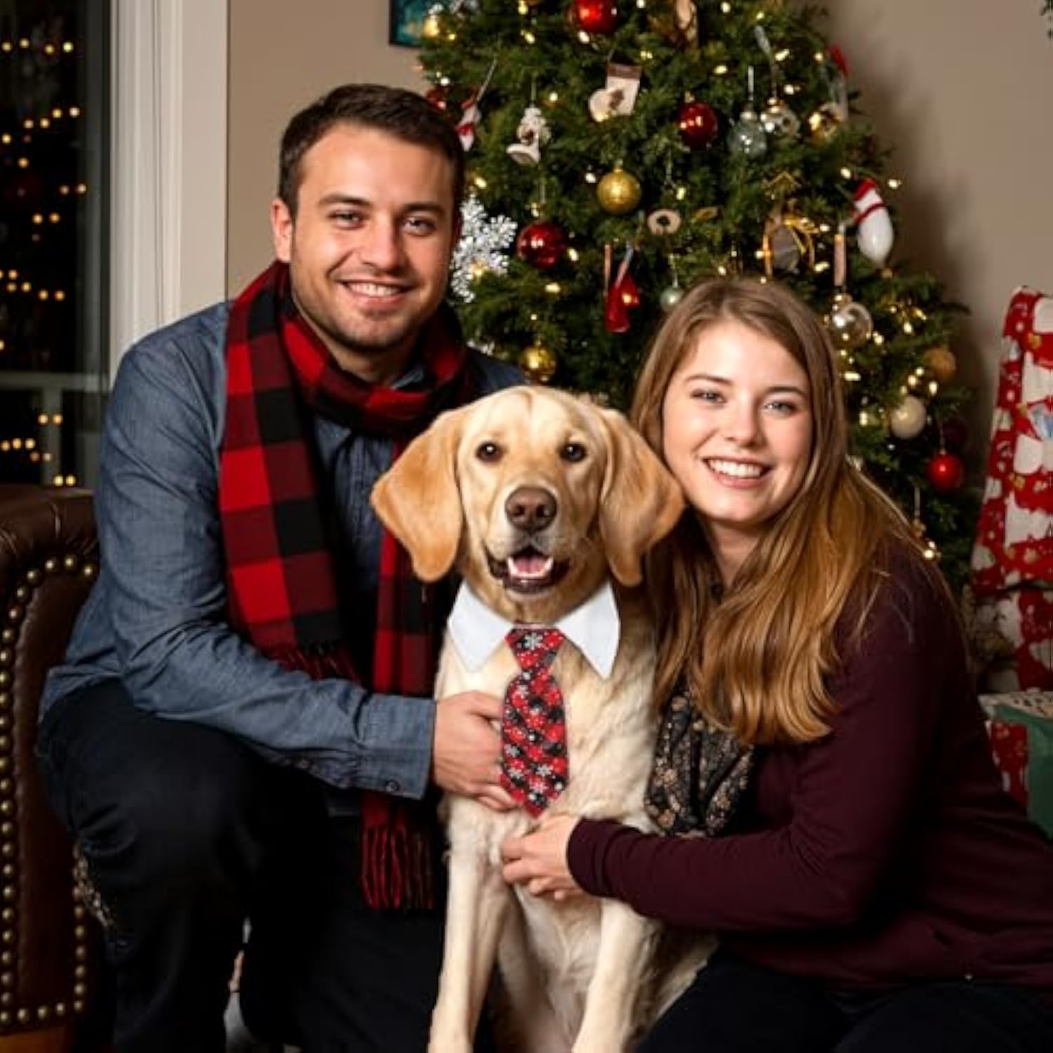 KFX-9238077 Adjustable Christmas Dog Necktie with Snowflake Pattern and Red Plaid for Small to Medium Pets