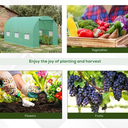 KFX-9239485 Walk-in Tunnel Greenhouse 15' x 6' x 7' with Roll-Up Door and Ventilation Windows, Green