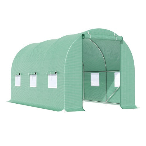 KFX-9239485 Walk-in Tunnel Greenhouse 15' x 6' x 7' with Roll-Up Door and Ventilation Windows, Green