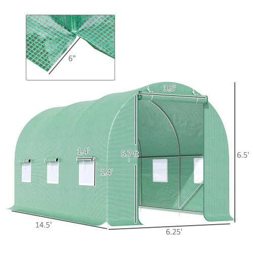 KFX-9239485 Walk-in Tunnel Greenhouse 15' x 6' x 7' with Roll-Up Door and Ventilation Windows, Green