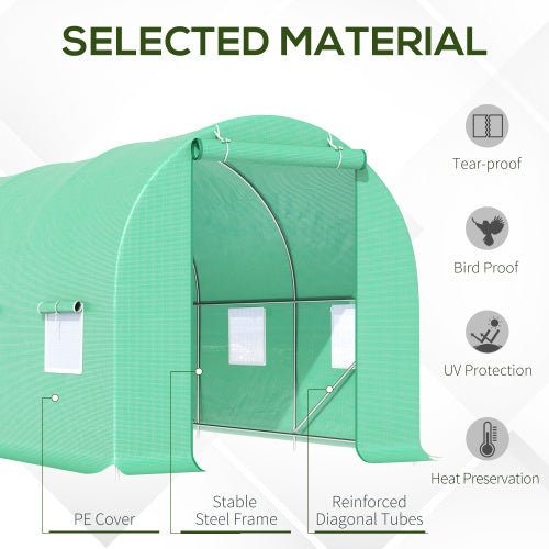 KFX-9239485 Walk-in Tunnel Greenhouse 15' x 6' x 7' with Roll-Up Door and Ventilation Windows, Green