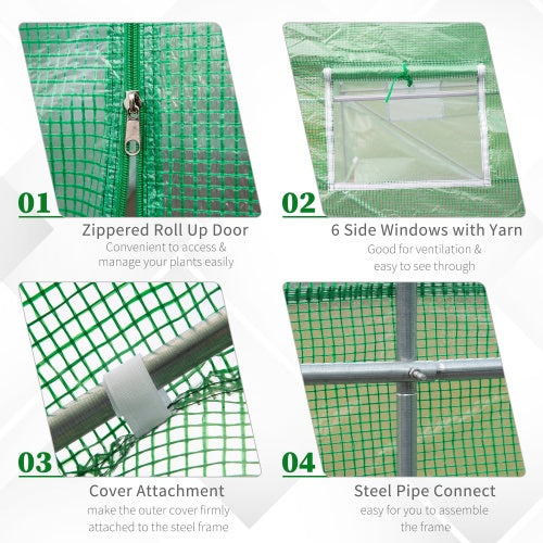 KFX-9239485 Walk-in Tunnel Greenhouse 15' x 6' x 7' with Roll-Up Door and Ventilation Windows, Green