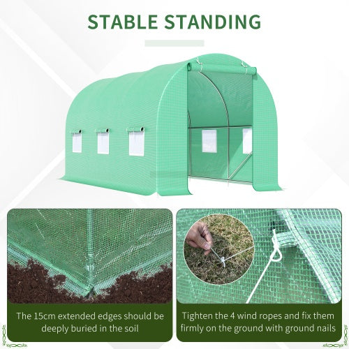 KFX-9239485 Walk-in Tunnel Greenhouse 15' x 6' x 7' with Roll-Up Door and Ventilation Windows, Green