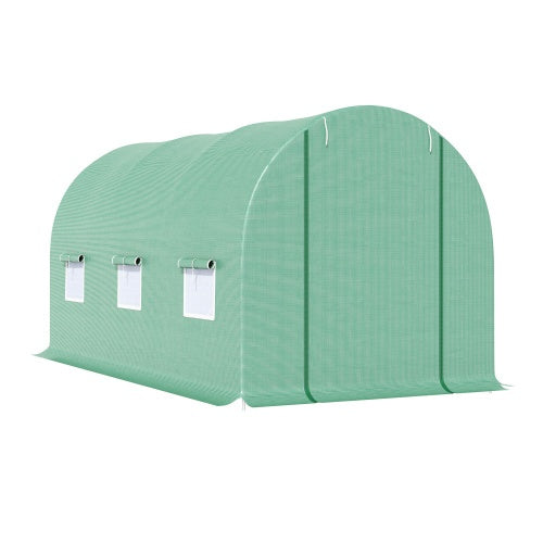 KFX-9239485 Walk-in Tunnel Greenhouse 15' x 6' x 7' with Roll-Up Door and Ventilation Windows, Green